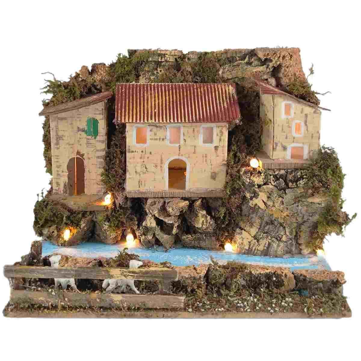 Borgo Casette con Luce su Fiume cm.20x14x17 | Rossi Rosa