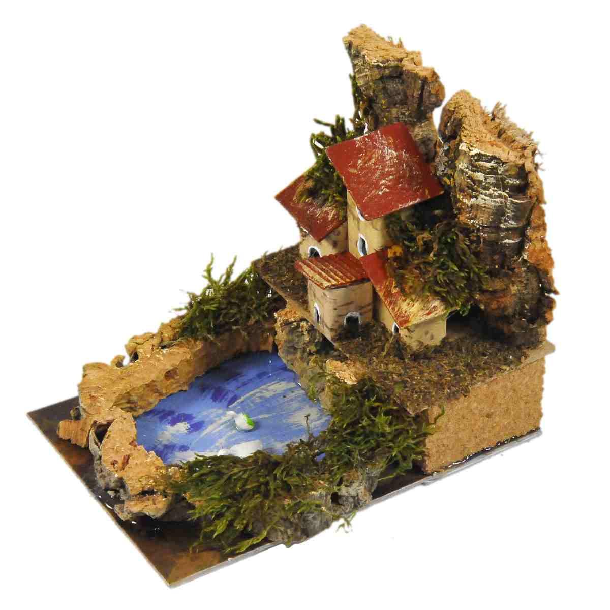 Borgo Casette su Lago con Papere cm.15x10x11 | Rossi Rosa