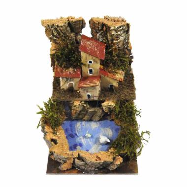 Borgo Casette su Lago con Papere cm.15x10x11 | Rossi Rosa