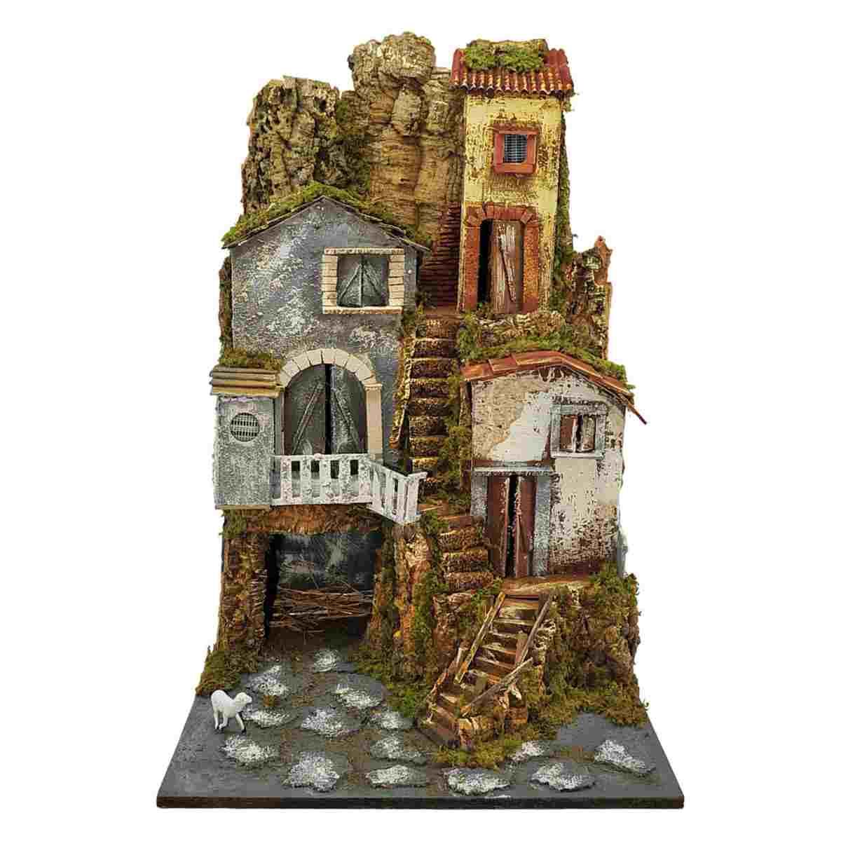 Paesaggio con Luci Capanna Case Scalinata cm.45x52xH69 | Rossi Rosa