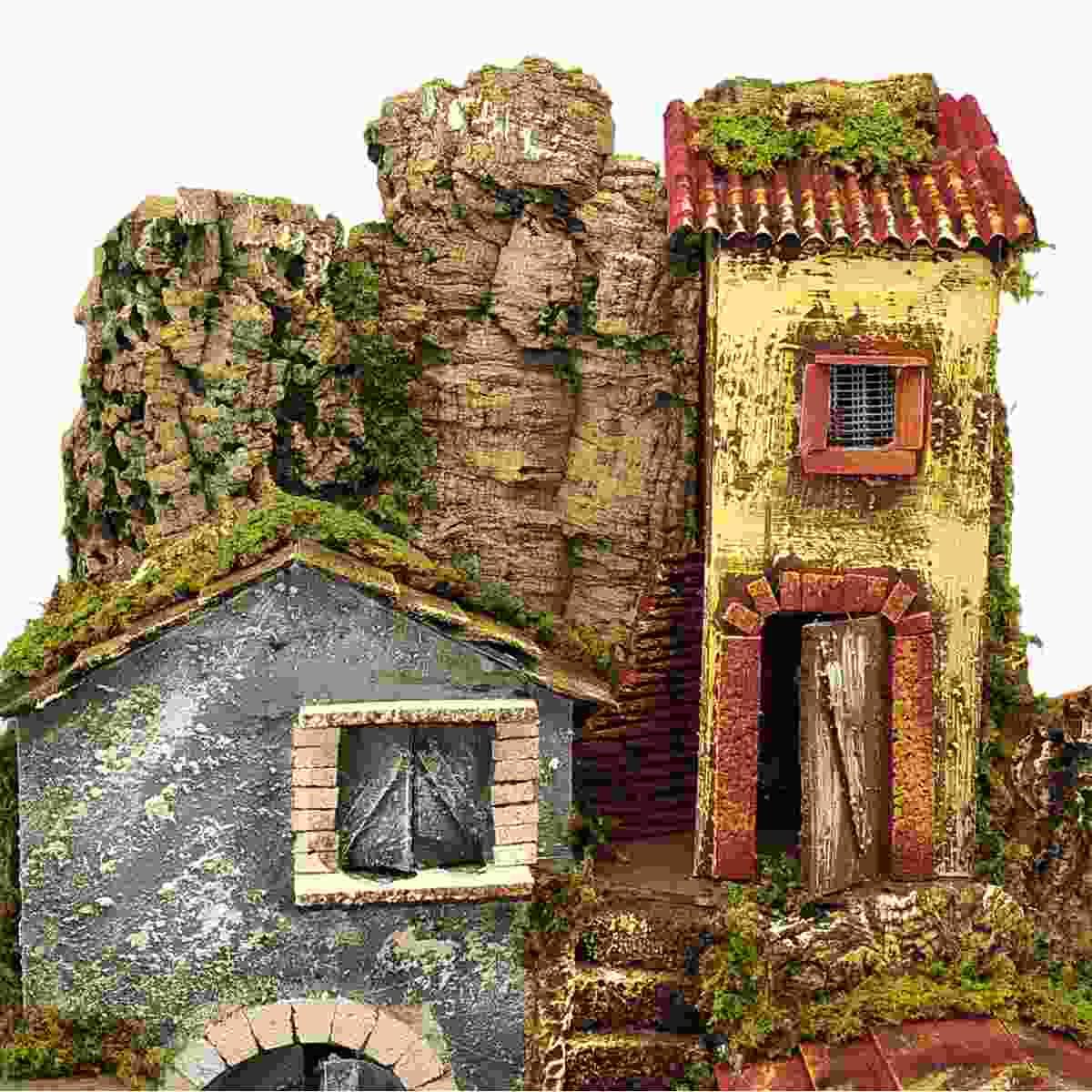 Paesaggio con Luci Capanna Case Scalinata cm.45x52xH69 | Rossi Rosa