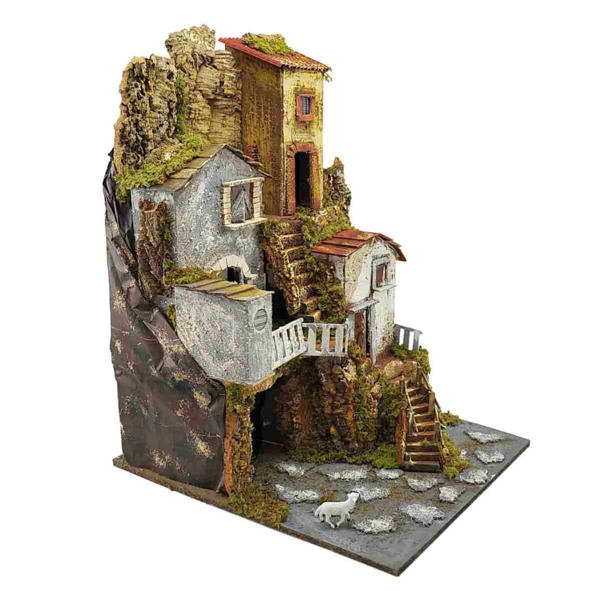 Paesaggio con Luci Capanna Case Scalinata cm.45x52xH69 | Rossi Rosa