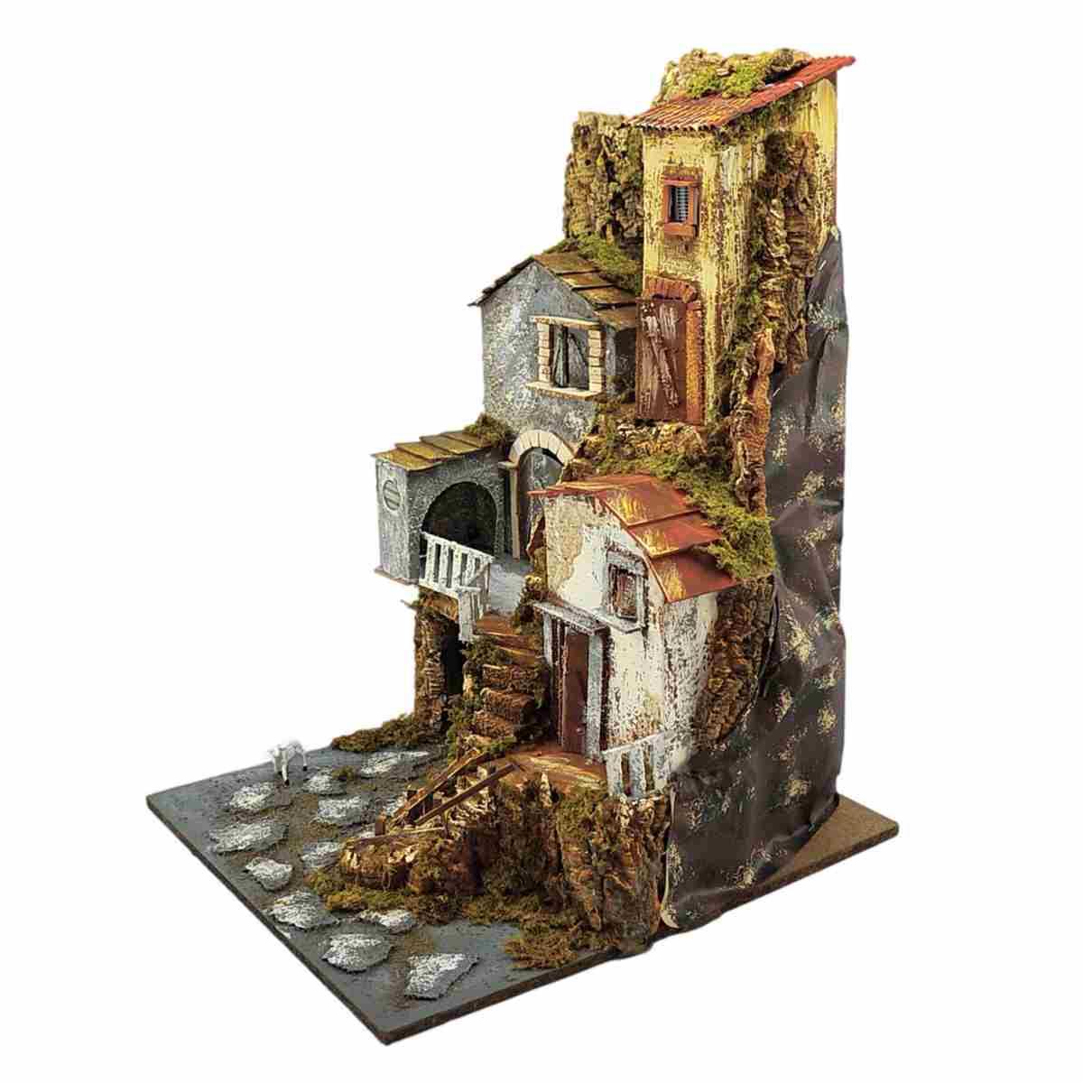 Paesaggio con Luci Capanna Case Scalinata cm.45x52xH69 | Rossi Rosa