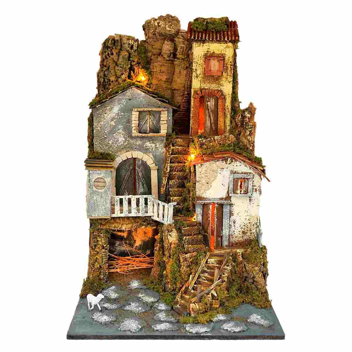 Paesaggio con Luci Capanna Case Scalinata cm.45x52xH69 | Rossi Rosa