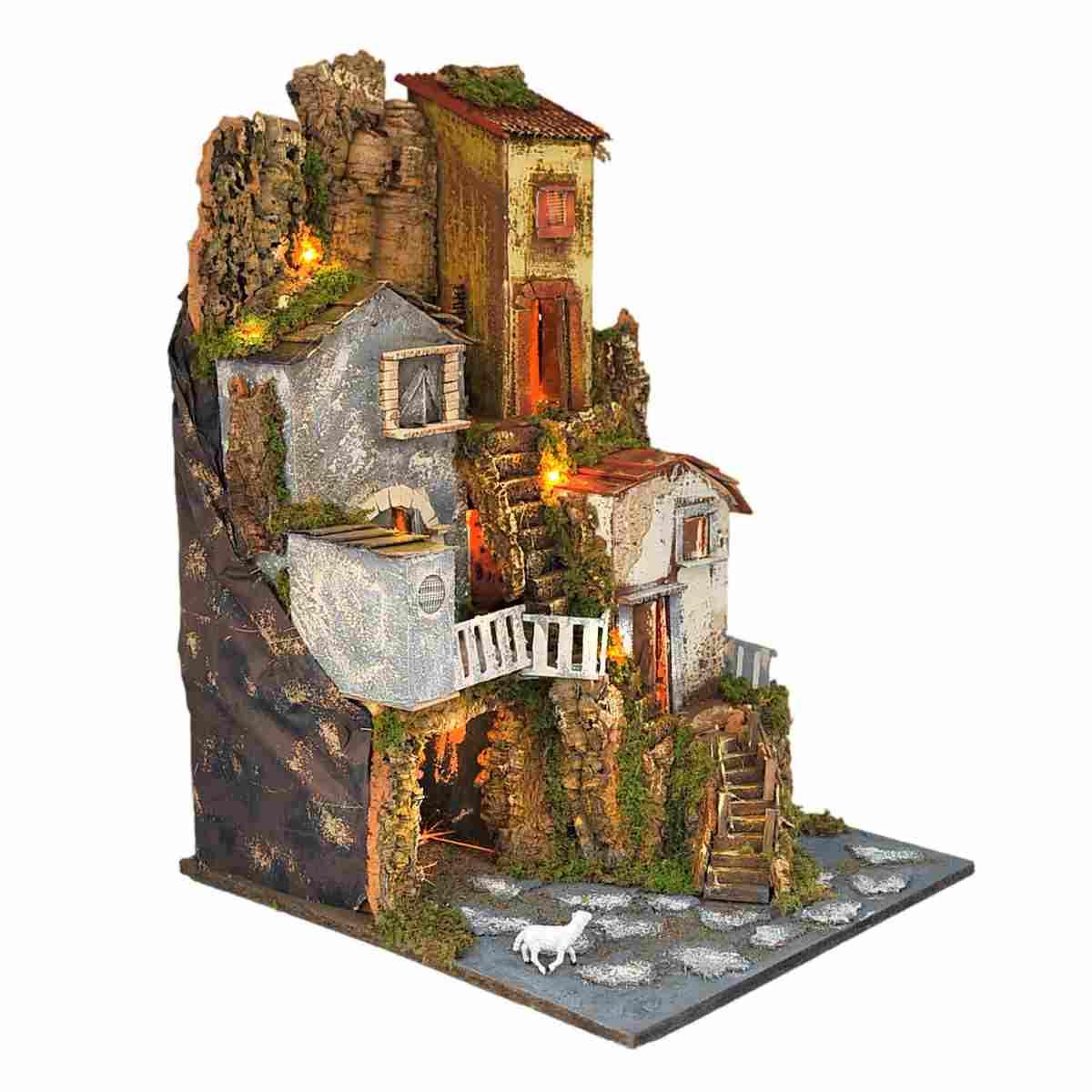 Paesaggio con Luci Capanna Case Scalinata cm.45x52xH69 | Rossi Rosa