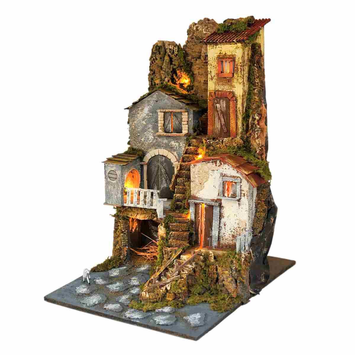 Paesaggio con Luci Capanna Case Scalinata cm.45x52xH69 | Rossi Rosa