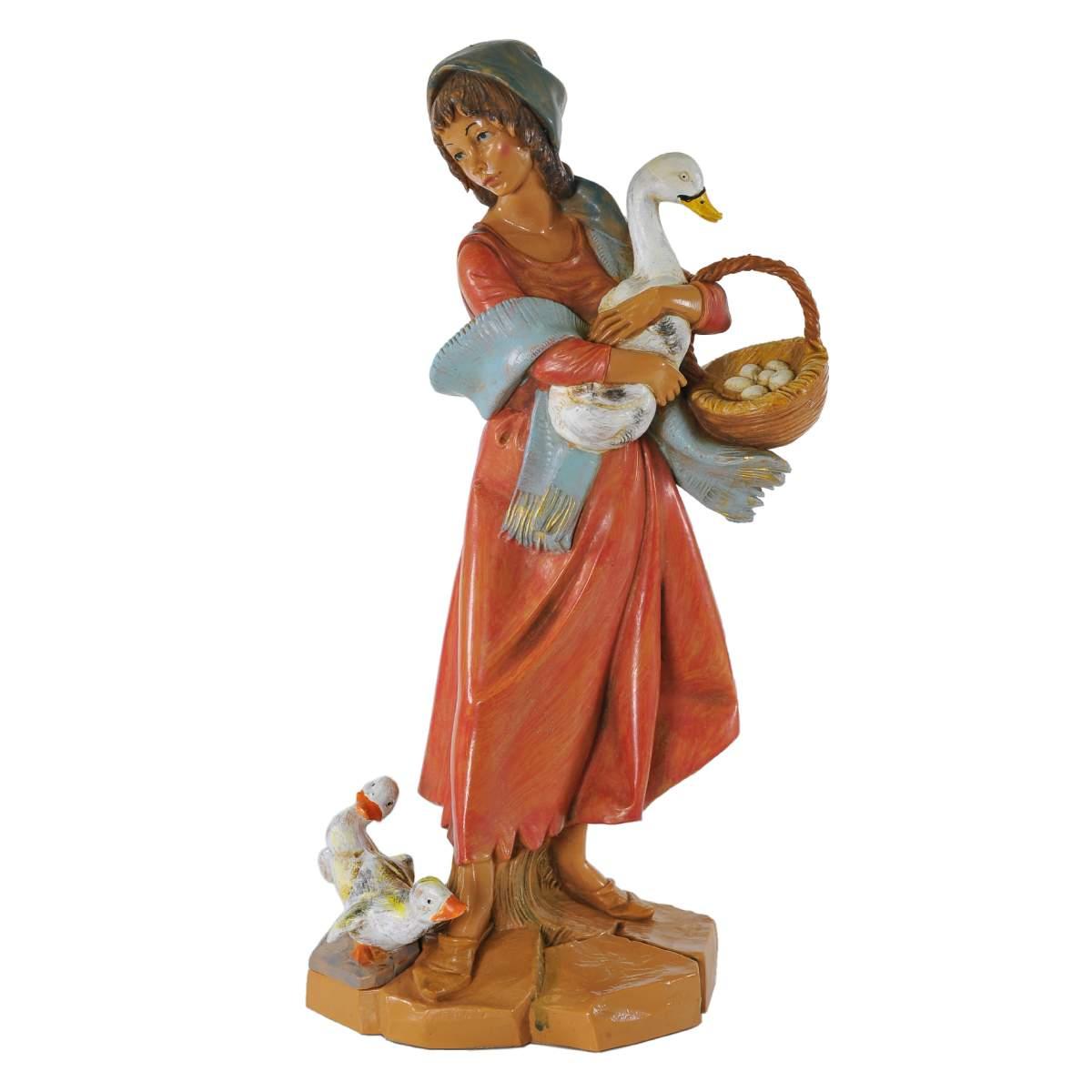 Statua presepe 30 cm pastorella con oche e cesto