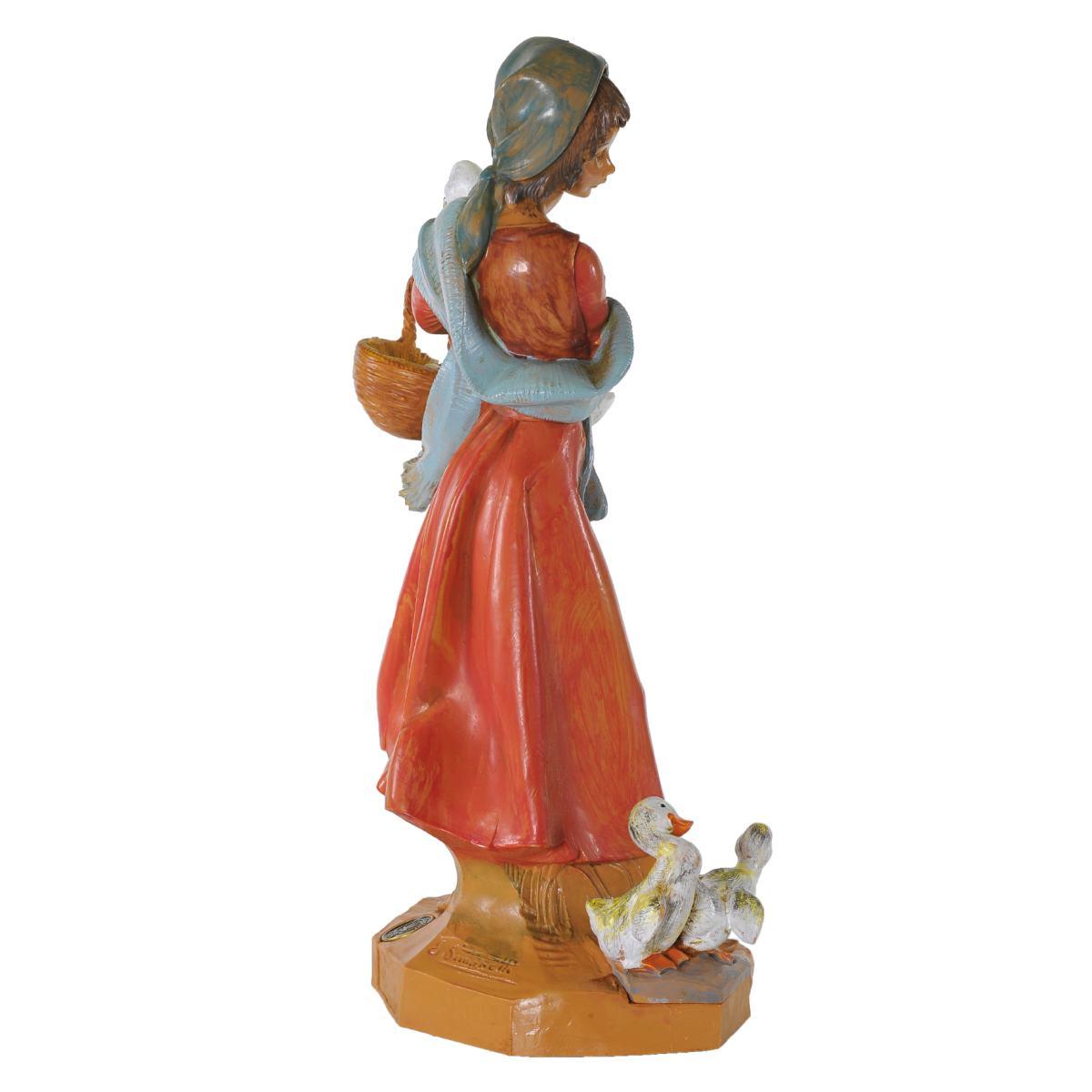 Statua presepe 30 cm pastorella con oche e cesto