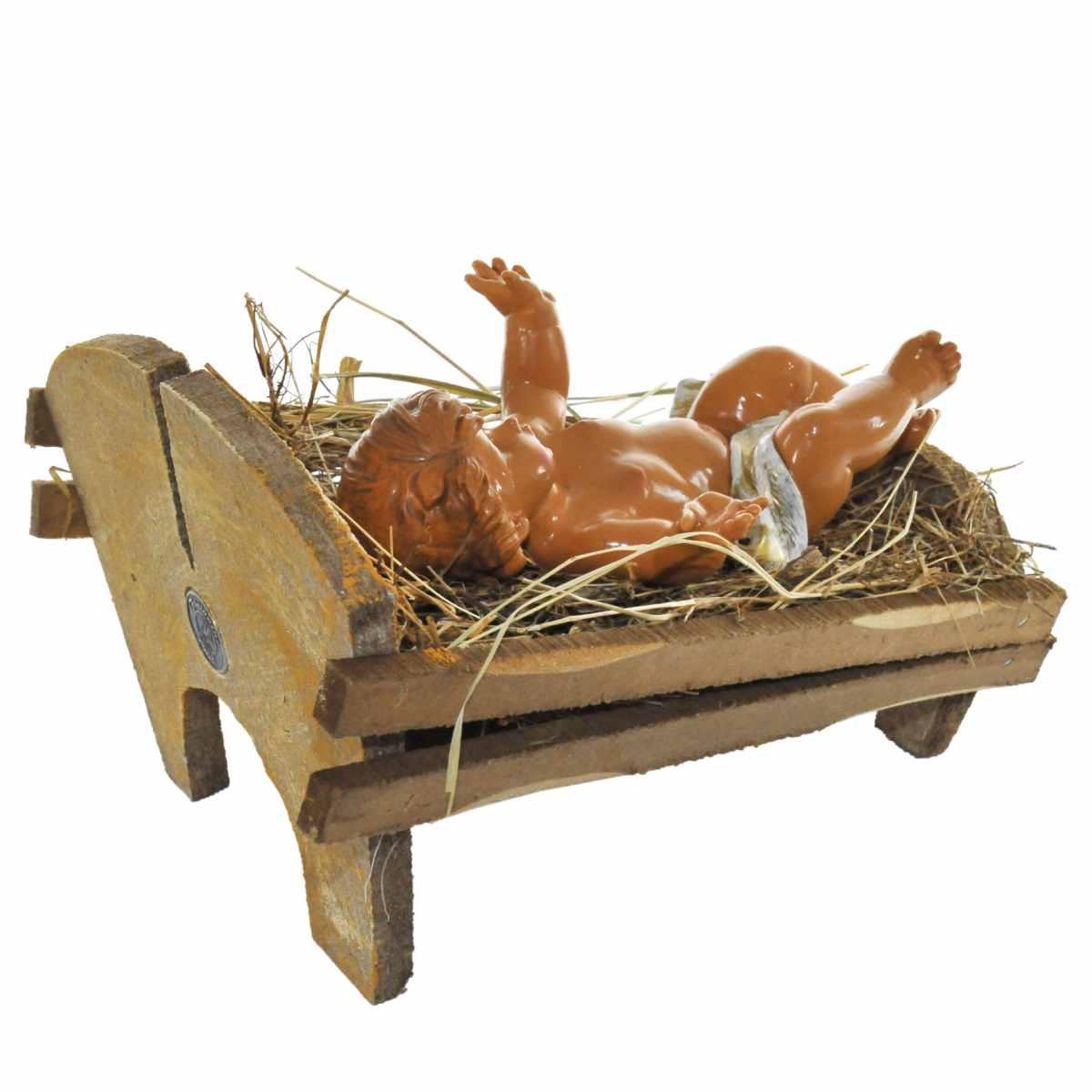 Statua presepe 45 cm gesù bambino con culla in legno