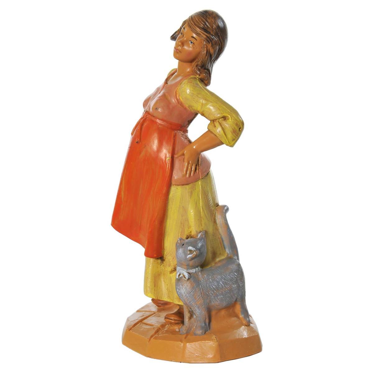 Statua presepe 12 cm pastorella incinta con il gatto
