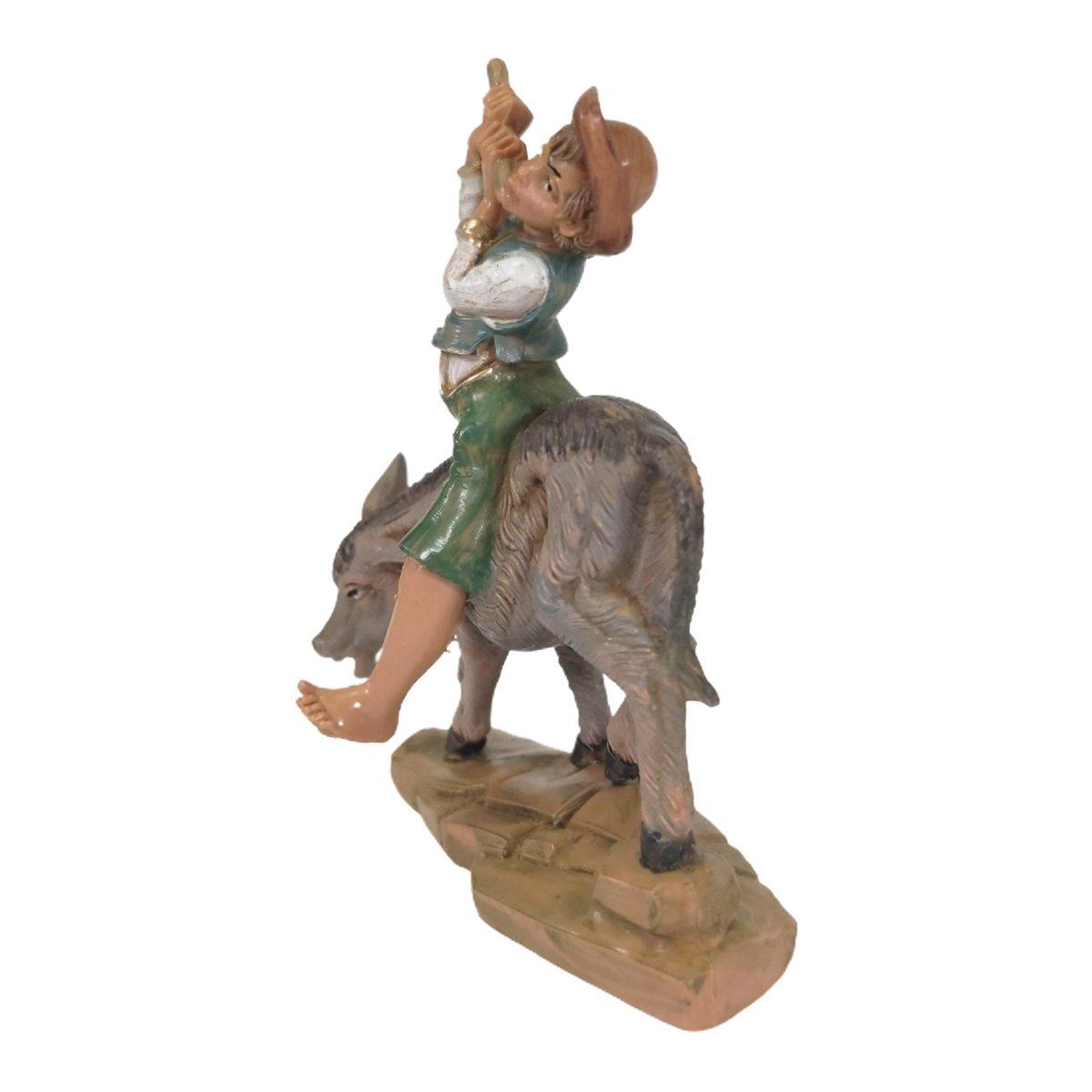 Statua presepe 12 cm pastorello suonatore su asino