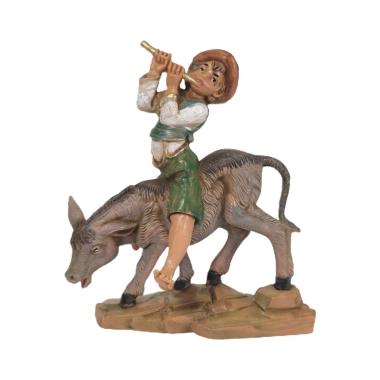 Statua presepe 12 cm pastorello suonatore su asino