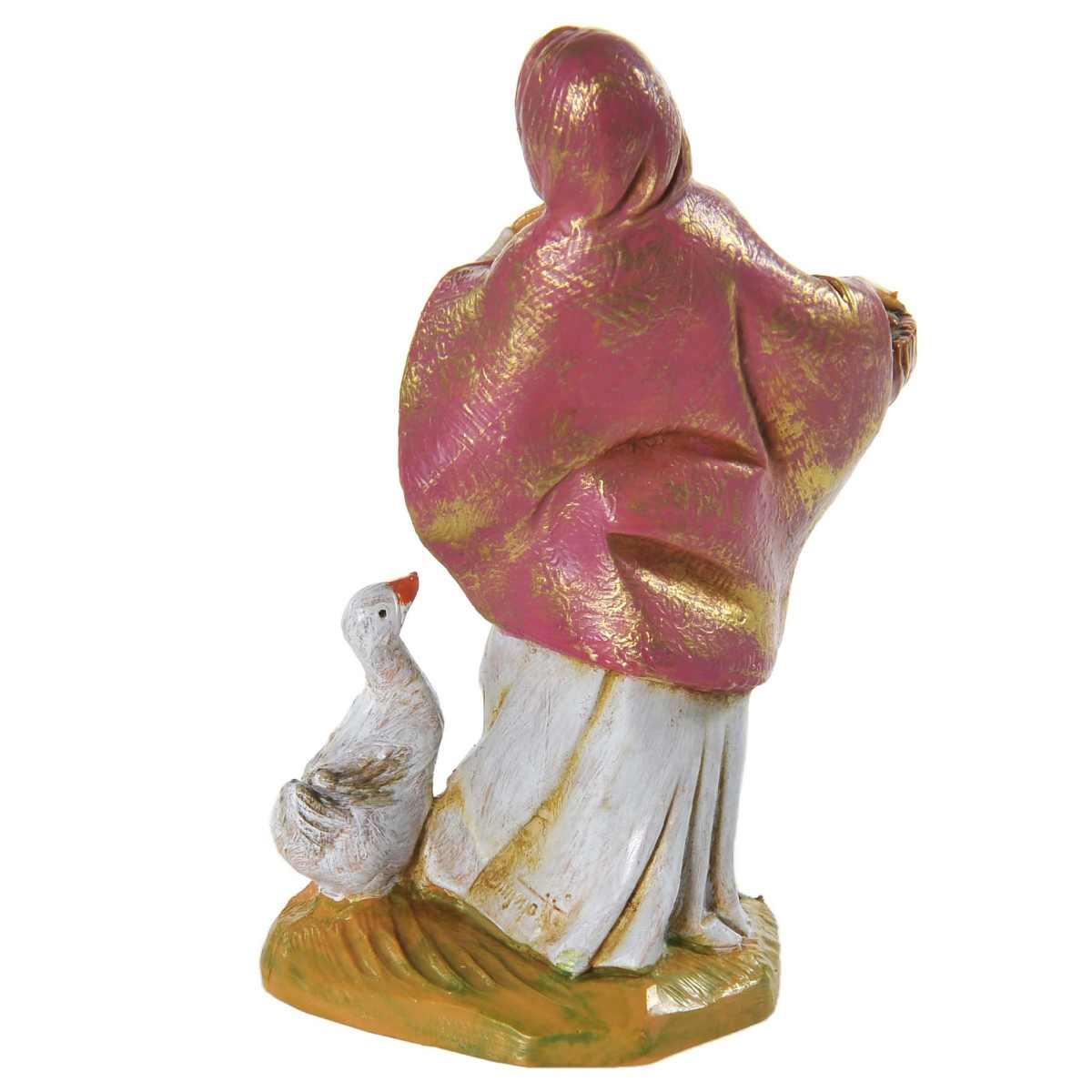 Statua presepe 12 cm pastorella con cesta e oca