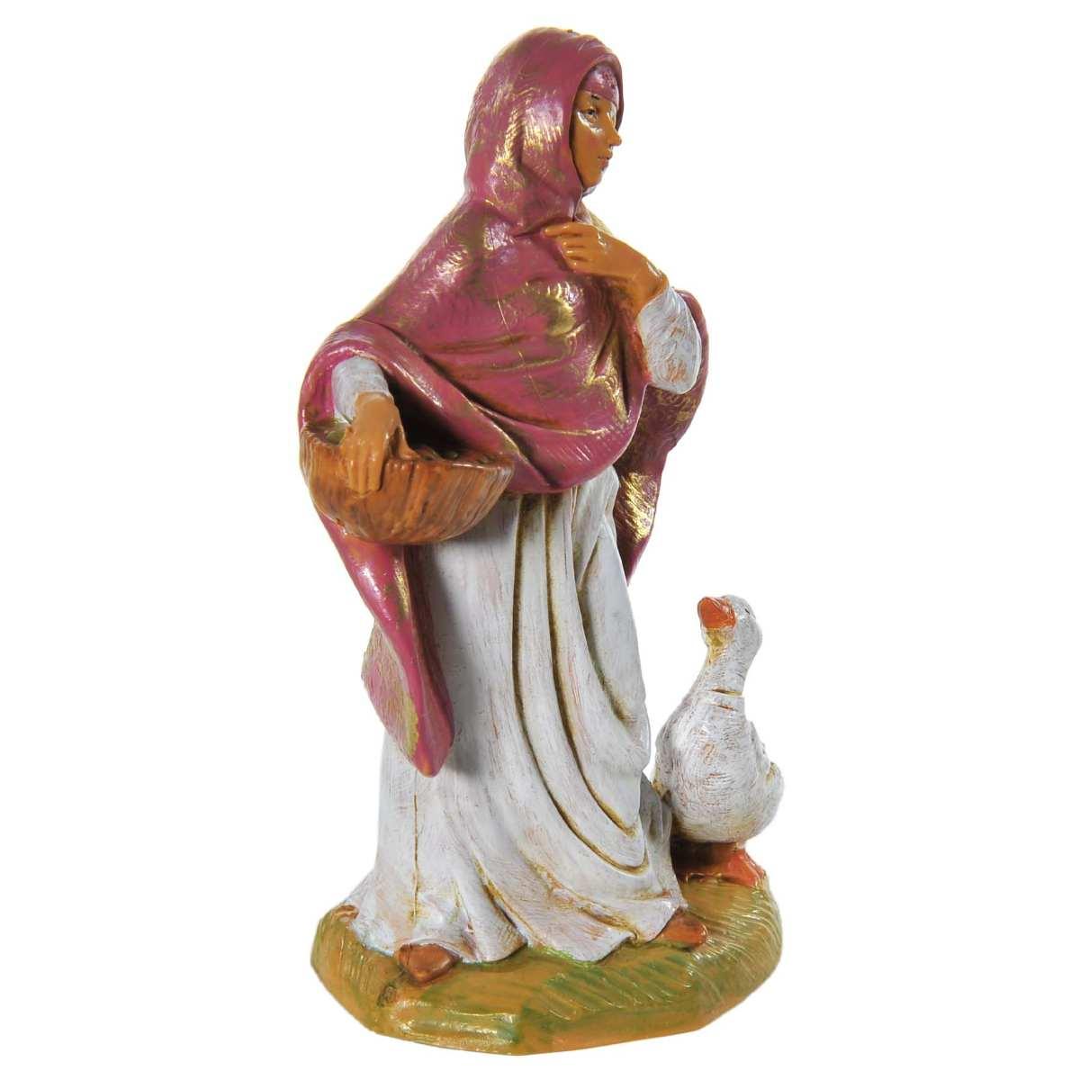 Statua presepe 12 cm pastorella con cesta e oca