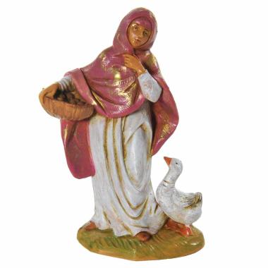 Statua presepe 12 cm pastorella con cesta e oca