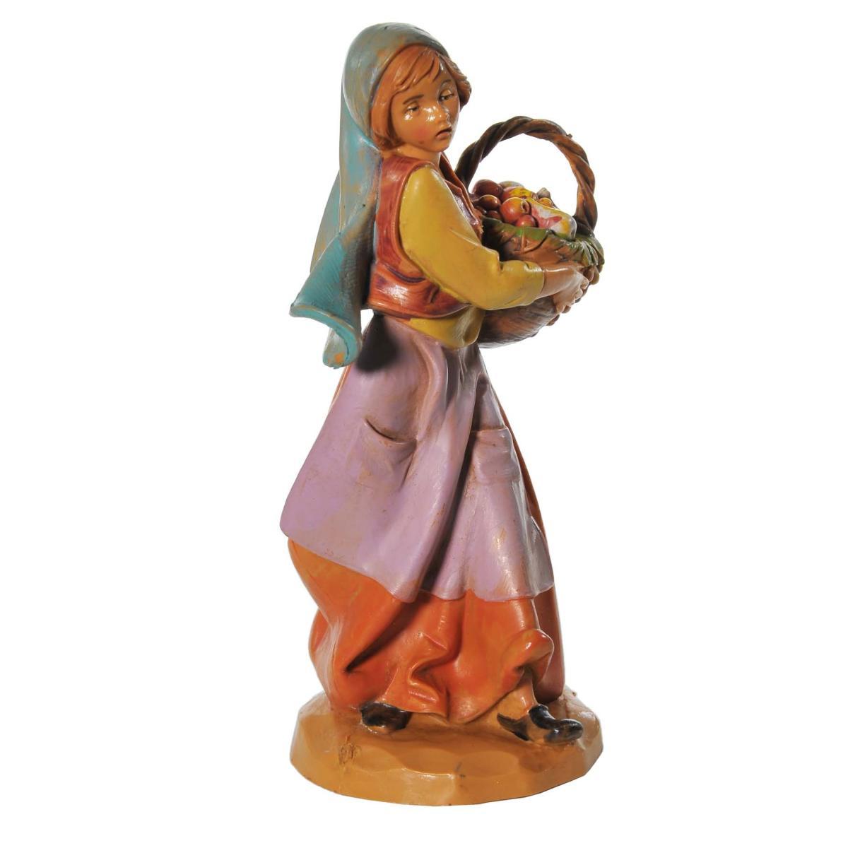 Statua presepe 12 cm pastorella con cesta di frutta