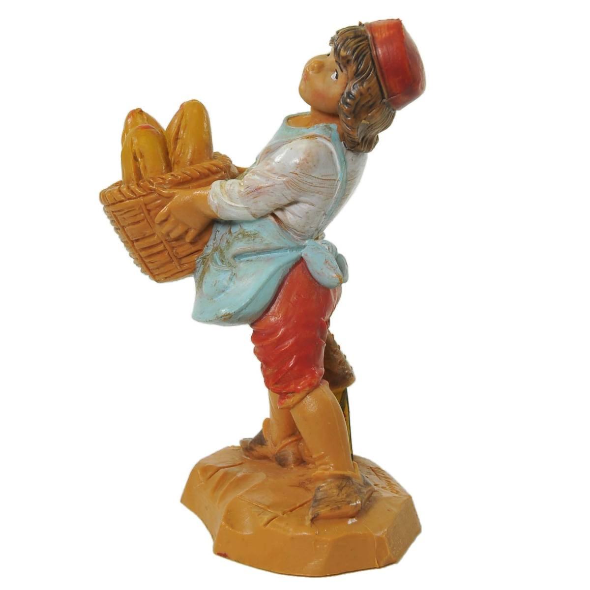 Statua presepe 12 cm pastorello con cesta di pane
