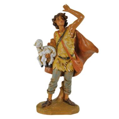 Statua presepe 19 cm pastore con mantello e pecora