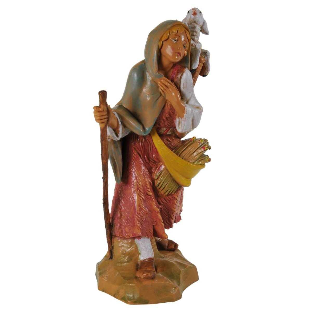 Statua cm.19 Pastorella con Pecora nella Cesta e Gaminacei | Fontanini