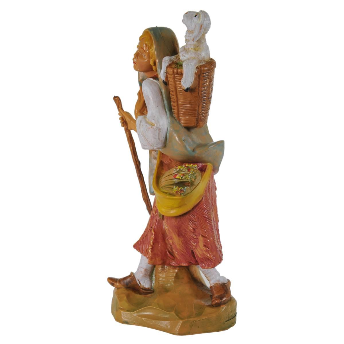 Statua cm.19 Pastorella con Pecora nella Cesta e Gaminacei | Fontanini