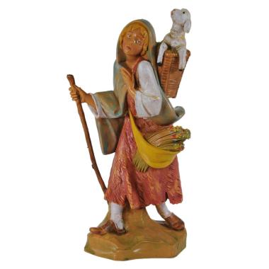Statua cm.19 Pastorella con Pecora nella Cesta e Gaminacei | Fontanini