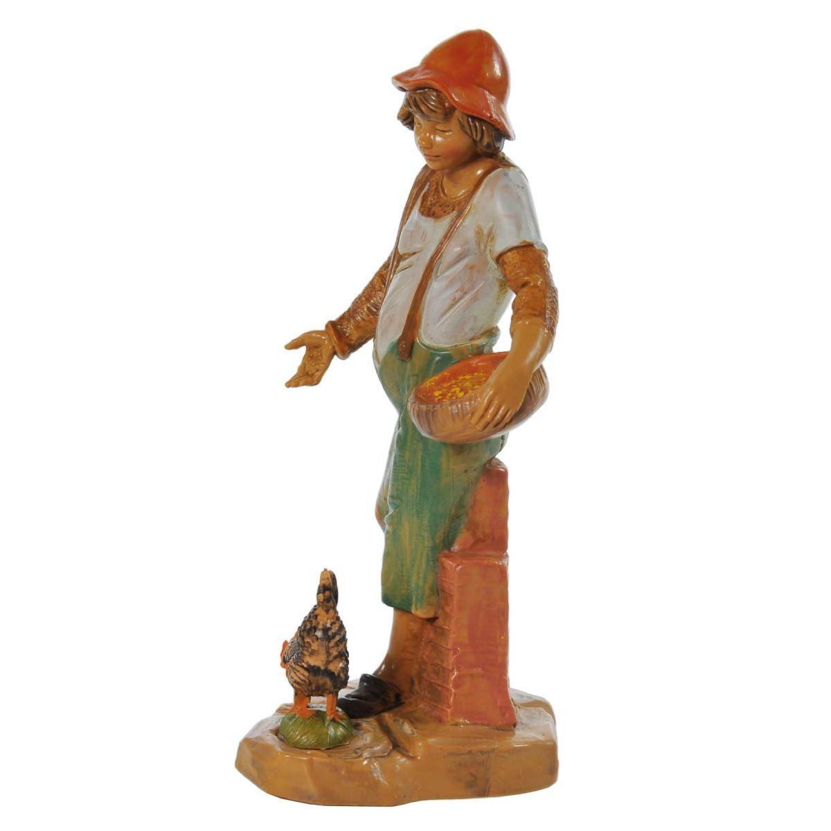 Statua presepe 12 cm pastore ragazzo con cesta e gallina