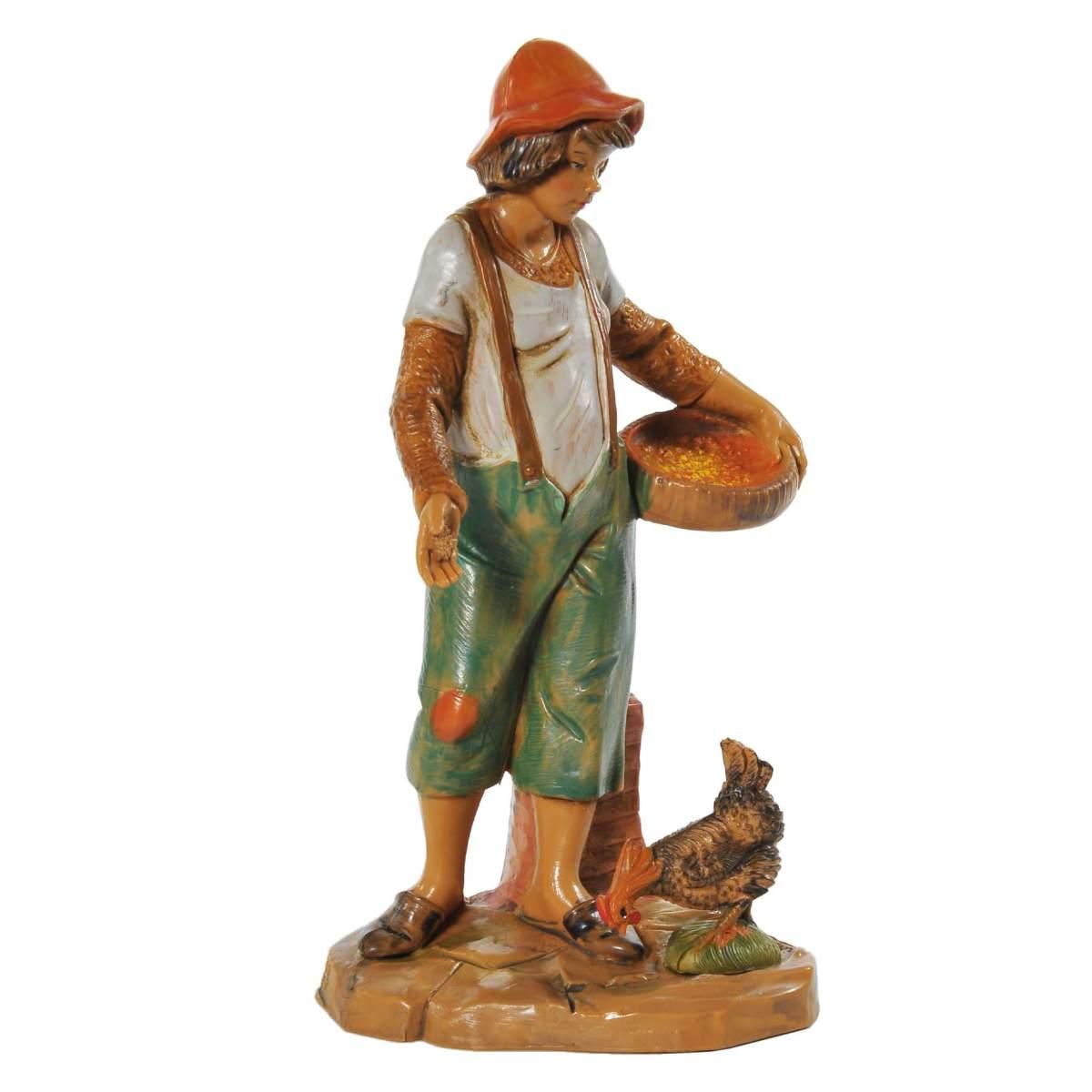 Statua presepe 12 cm pastore ragazzo con cesta e gallina