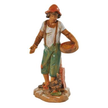 Statua presepe 12 cm pastore ragazzo con cesta e gallina