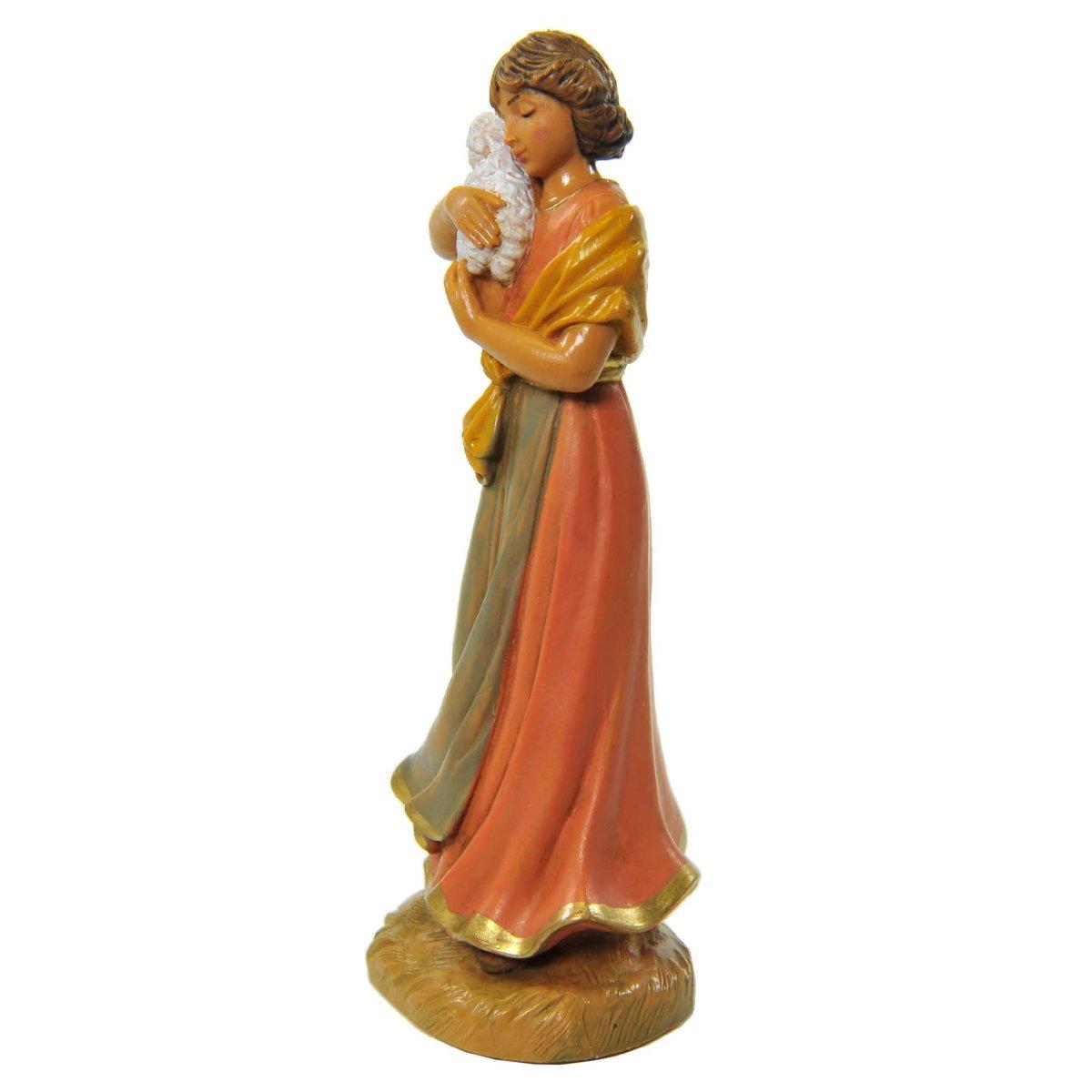 Statua presepe 12 cm pastorella con agnello in braccio