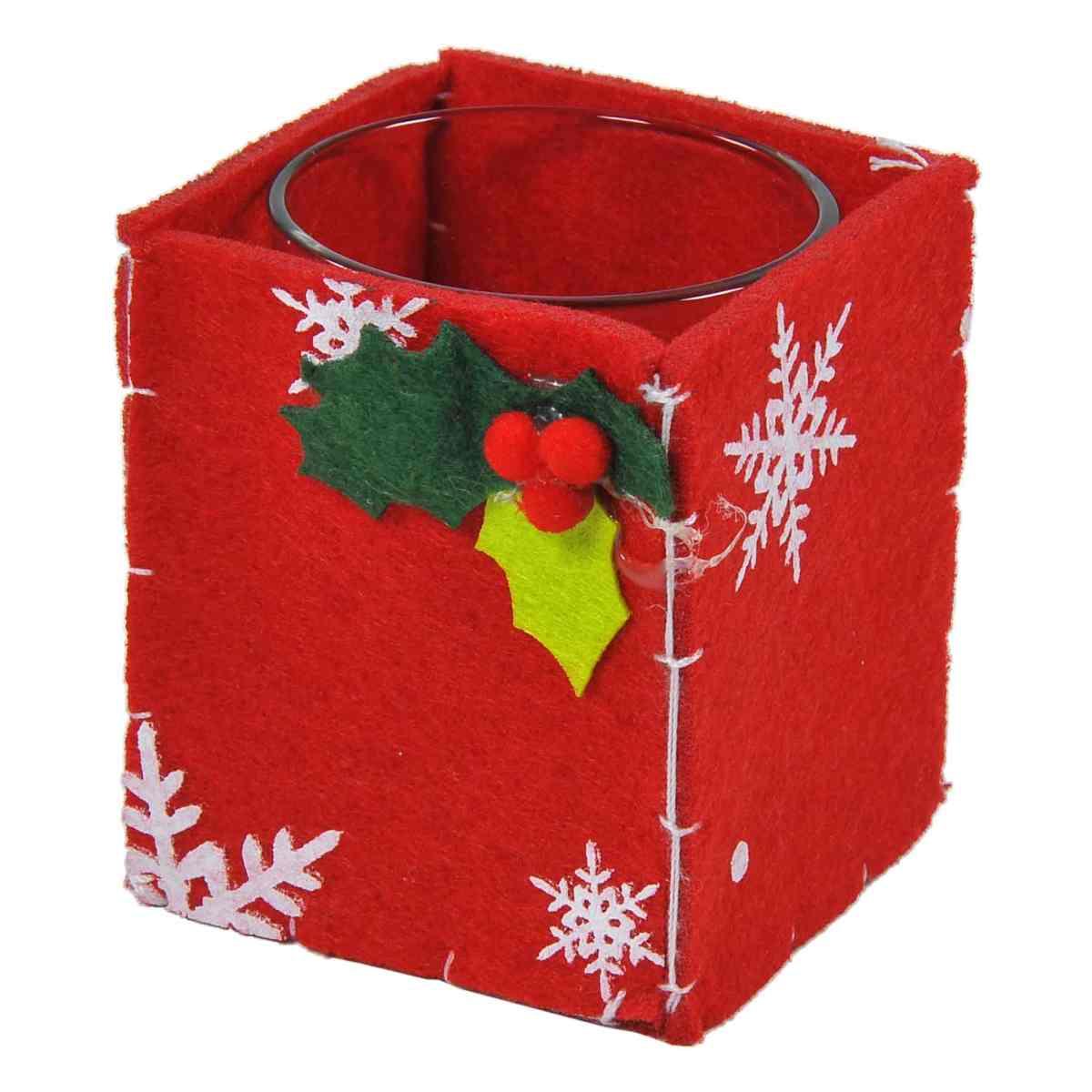 Portacandela Natale Bicch. Vetro Feltro Rosso 7x7xh8 |Gicos