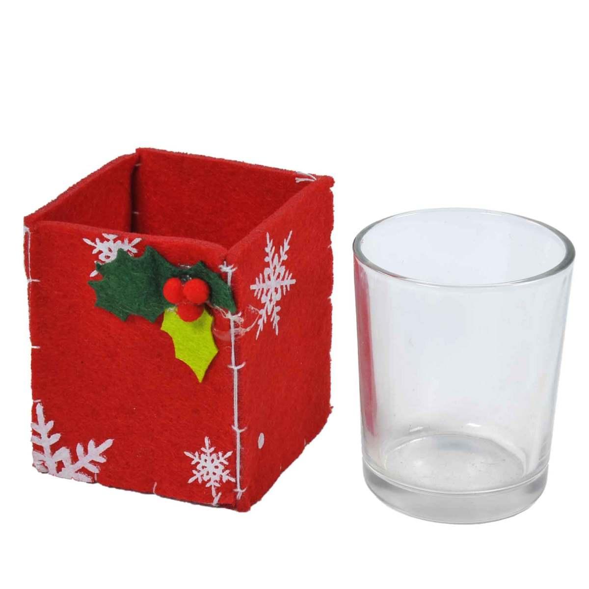 Portacandela Natale Bicch. Vetro Feltro Rosso 7x7xh8 |Gicos