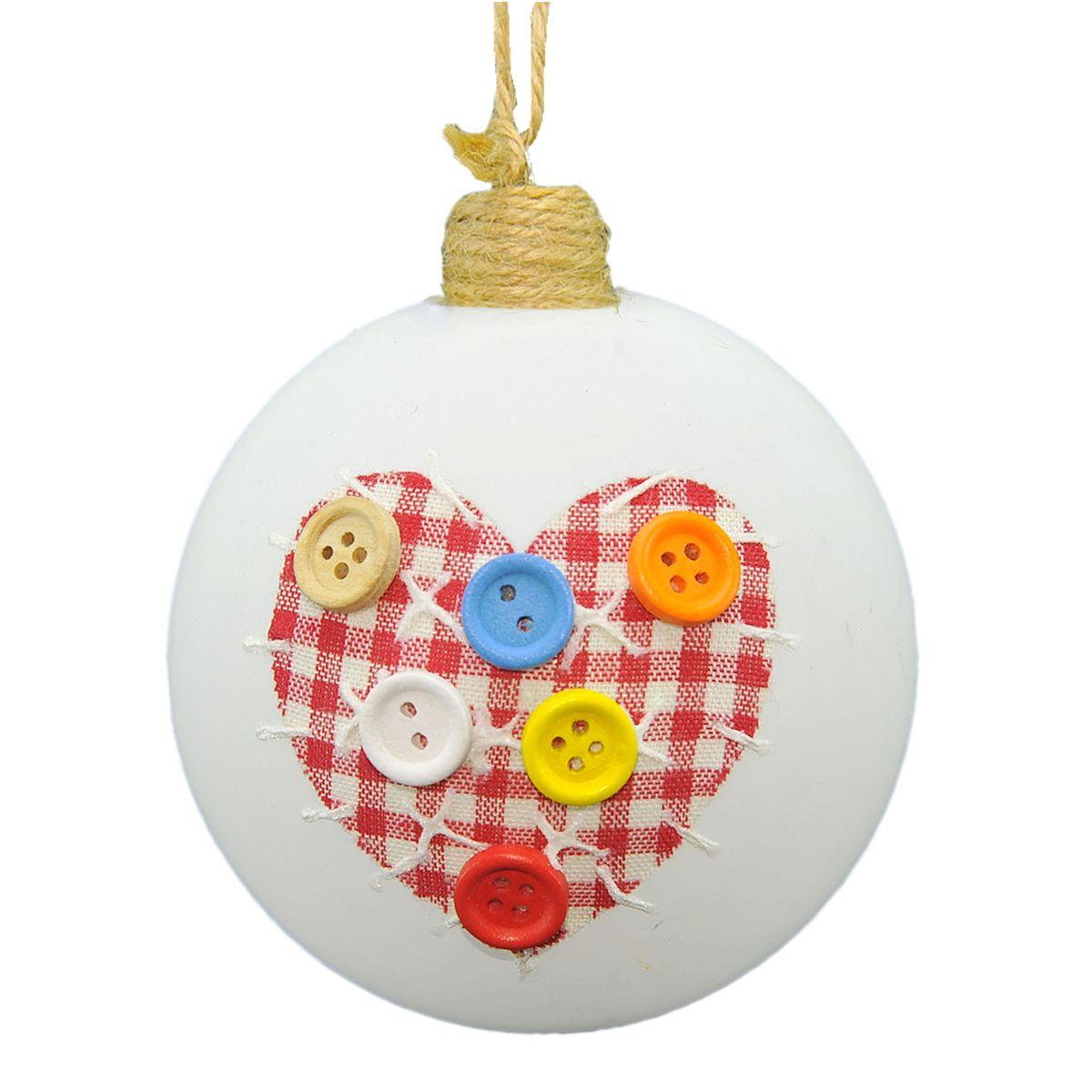 Pallina Natale Vetro cm.8 Bianca Cuore e Bottoni Col |M2 Store