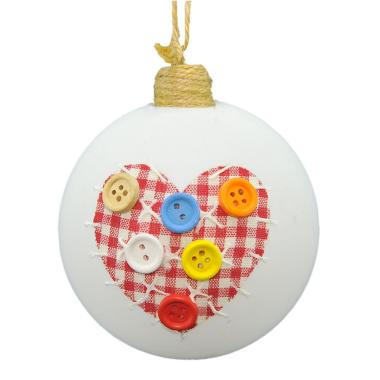 Pallina Natale Vetro cm.8 Bianca Cuore e Bottoni Col |M2 Store
