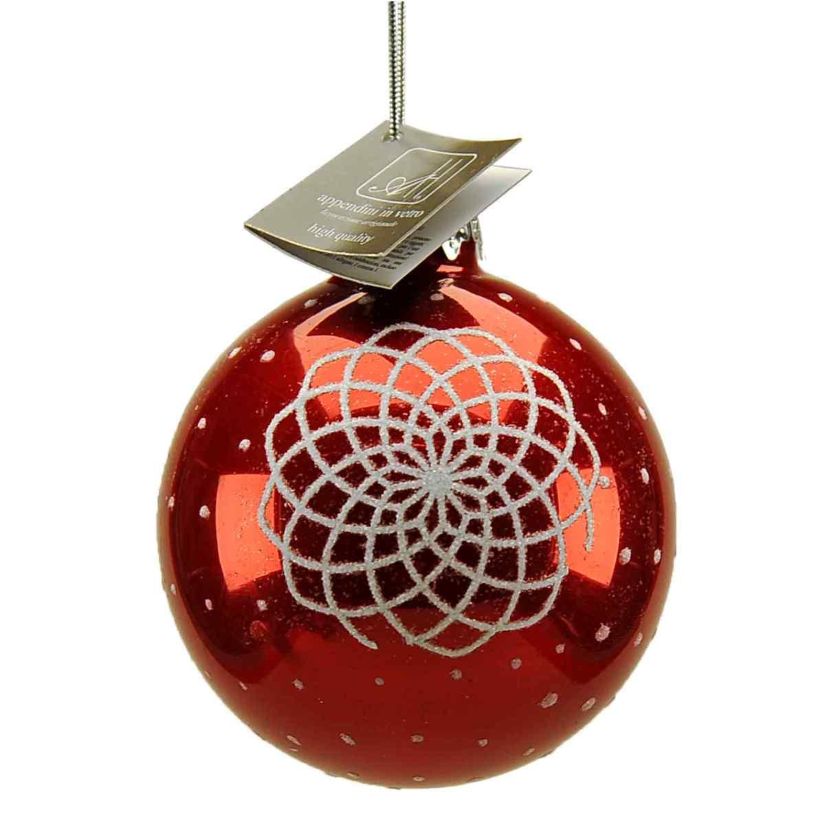 Pallina Natale Vetro cm.8 Rossa Dec. Glitter Bianchi |M2 Store