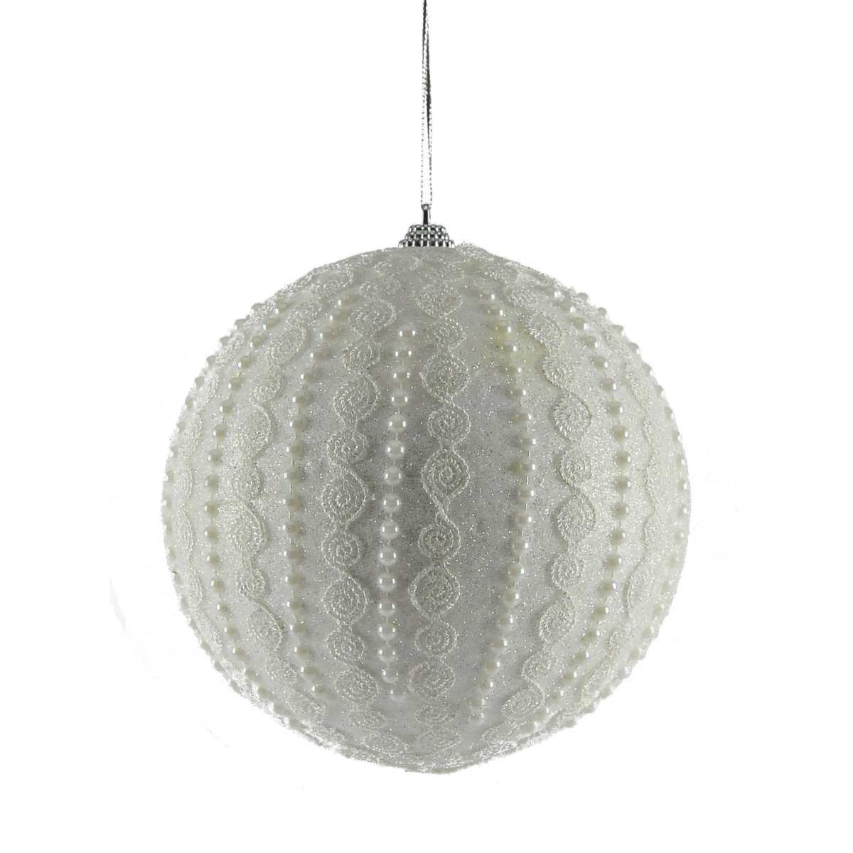 Pallina Natale cm.15 Bianche con Perline e Ricami |Inge's Glass