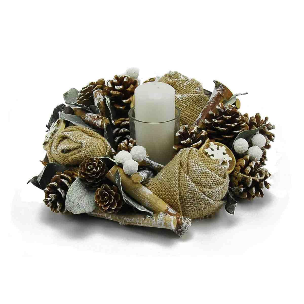 Portacandela Natale con Pigne e Fiori Juta cm.23 |M2 Store