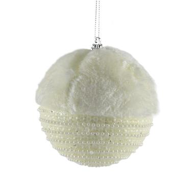 Pallina Natale cm.10 Bianche con Pelliccia e Perline Set pz.4 |Inge's Glass