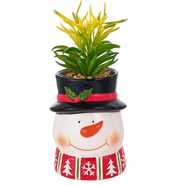 Vaso Natale Ceramica Pupazzo Neve con Pianta cm.24 |Montemaggi