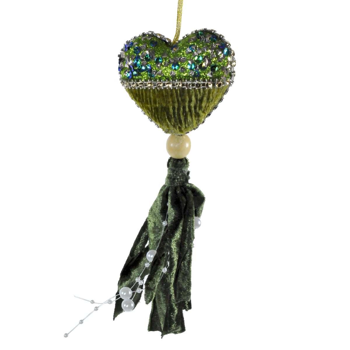 Decorazione Natalizia Cuore Verde Velluto cm.8x18 |Silani