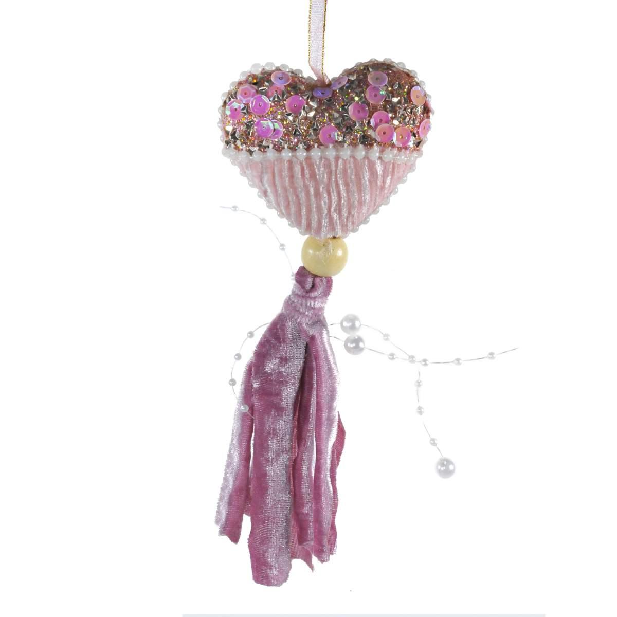 Decorazione Natalizia Cuore Rosa Cipria Velluto cm.8x18 |Silani