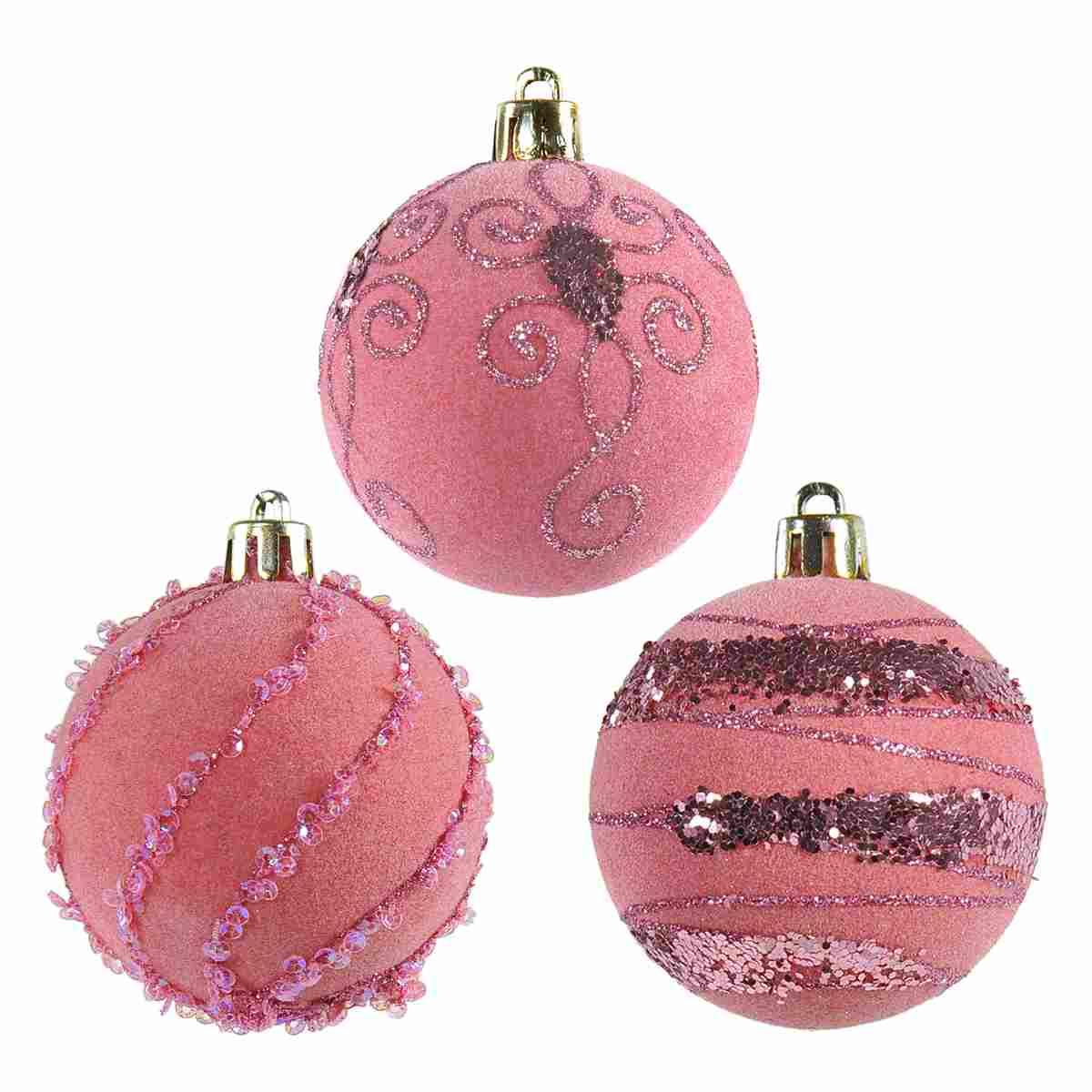 Pallina Natale cm.Ø6 Velluto Rosa con Paillettes Set pz.5 |Silani
