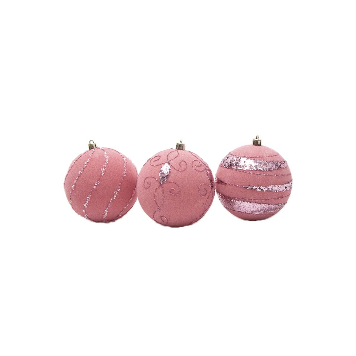Pallina Natale cm.8 Velluto Rosa Cipria con Paillettes Set pz.4 |Silani