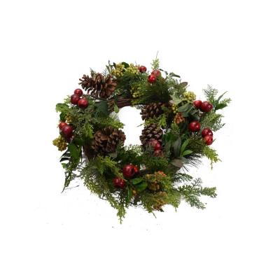 Ghirlanda cm.Ø50 Verde con Pigne e Bacche Rosse |Vacchetti