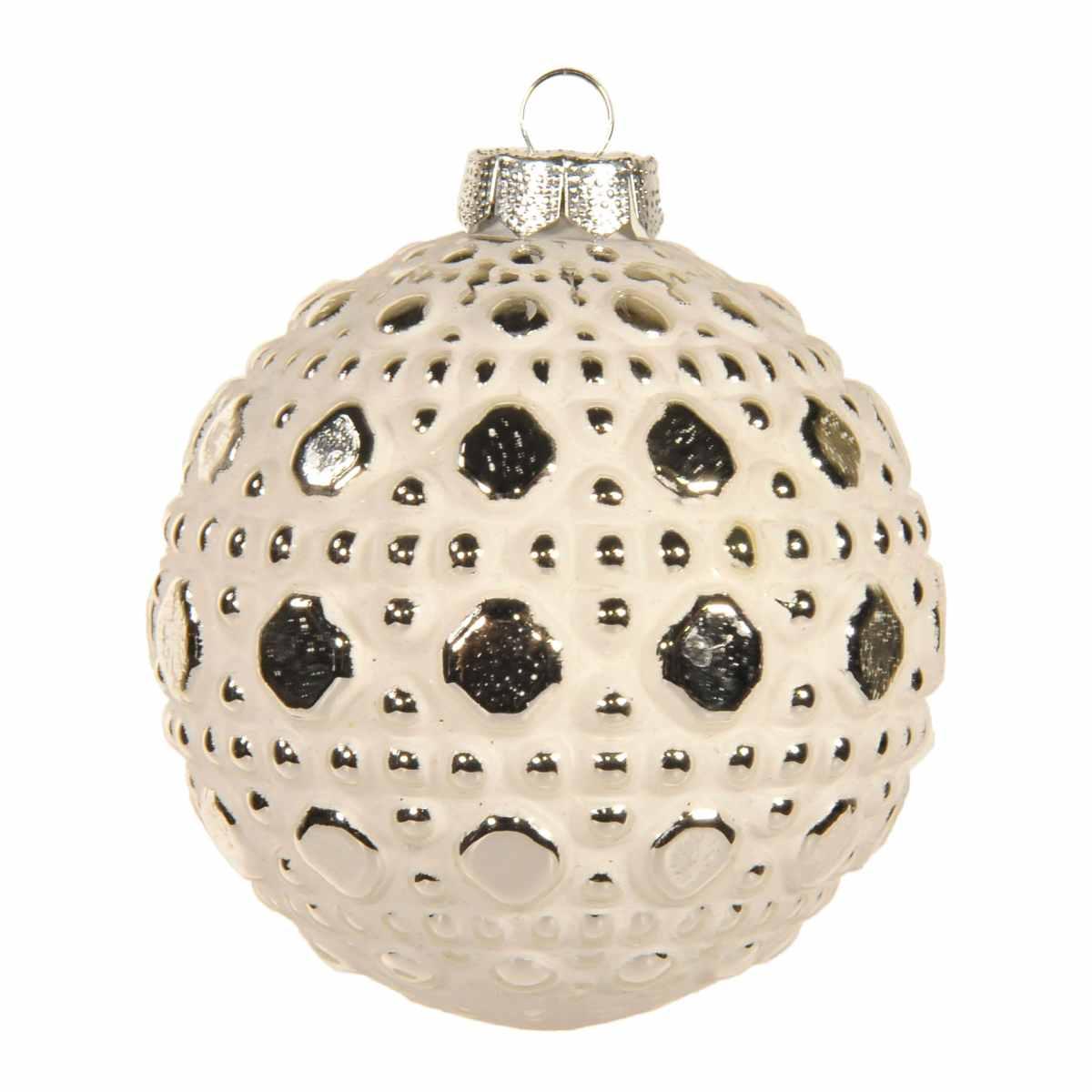Pallina Natale Vetro cm.8 Bianca Opaca con Decori Argento |Inge's Glass
