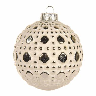 Pallina Natale Vetro cm.8 Bianca Opaca con Decori Argento |Inge's Glass