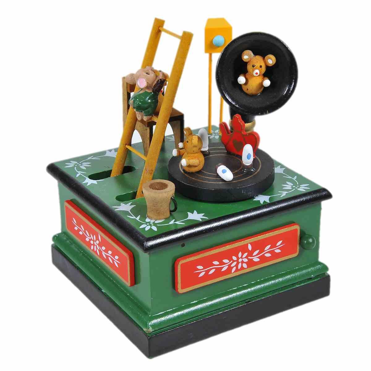 Carillon Natale Grammofono Legno Verde cm.12x12xh16