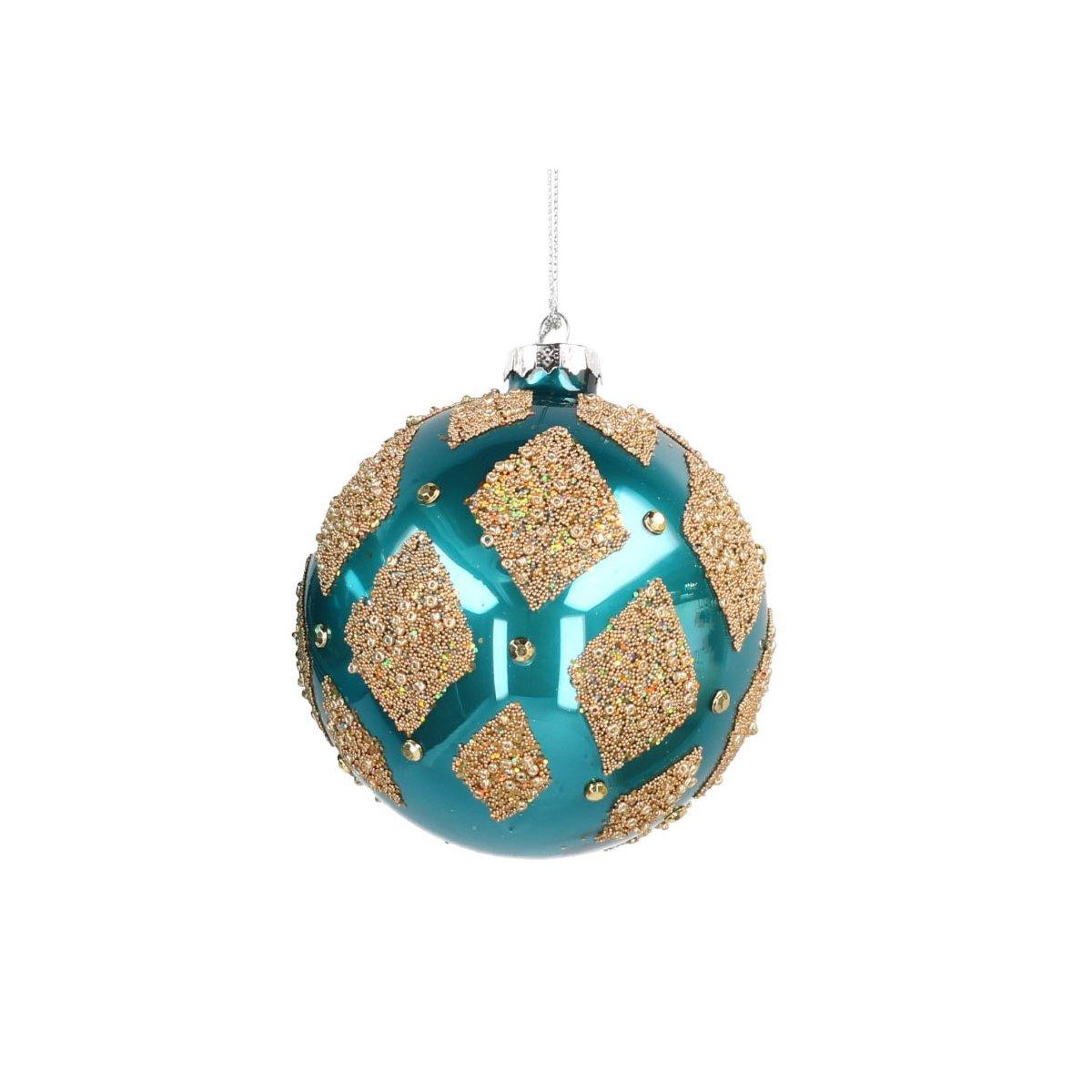 Pallina Natale Vetro cm.8 Blu Ottanio con Rombi Oro |Vacchetti