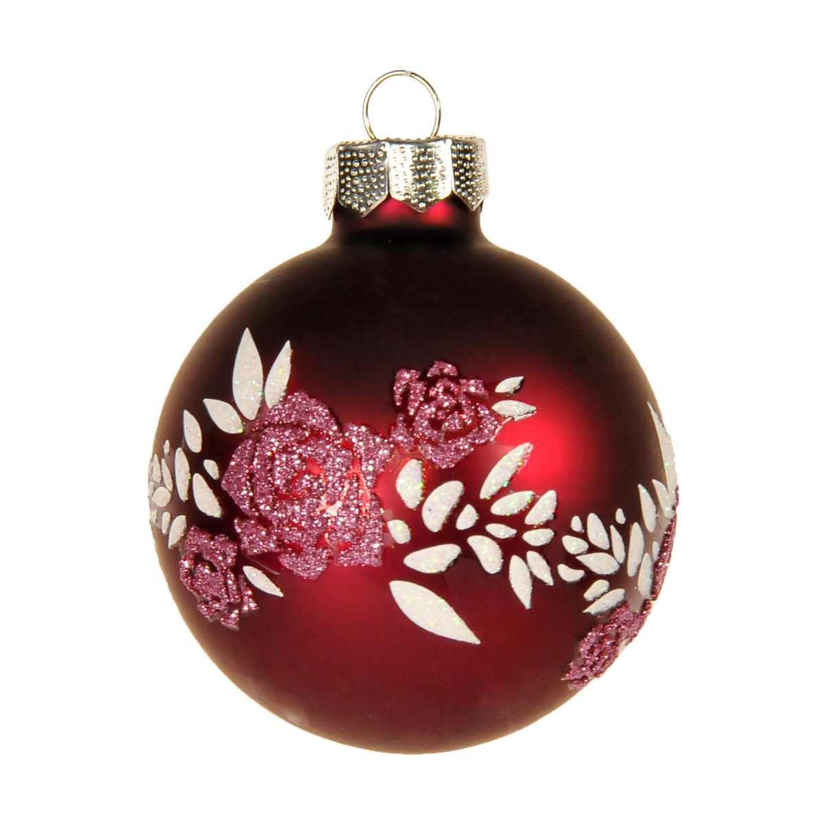 Pallina Natale Vetro cm.6 Rosso Amaranto Opaco con Fiori |Inge's Glass
