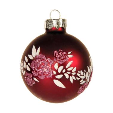 Pallina Natale Vetro cm.6 Rosso Amaranto Opaco con Fiori |Inge's Glass