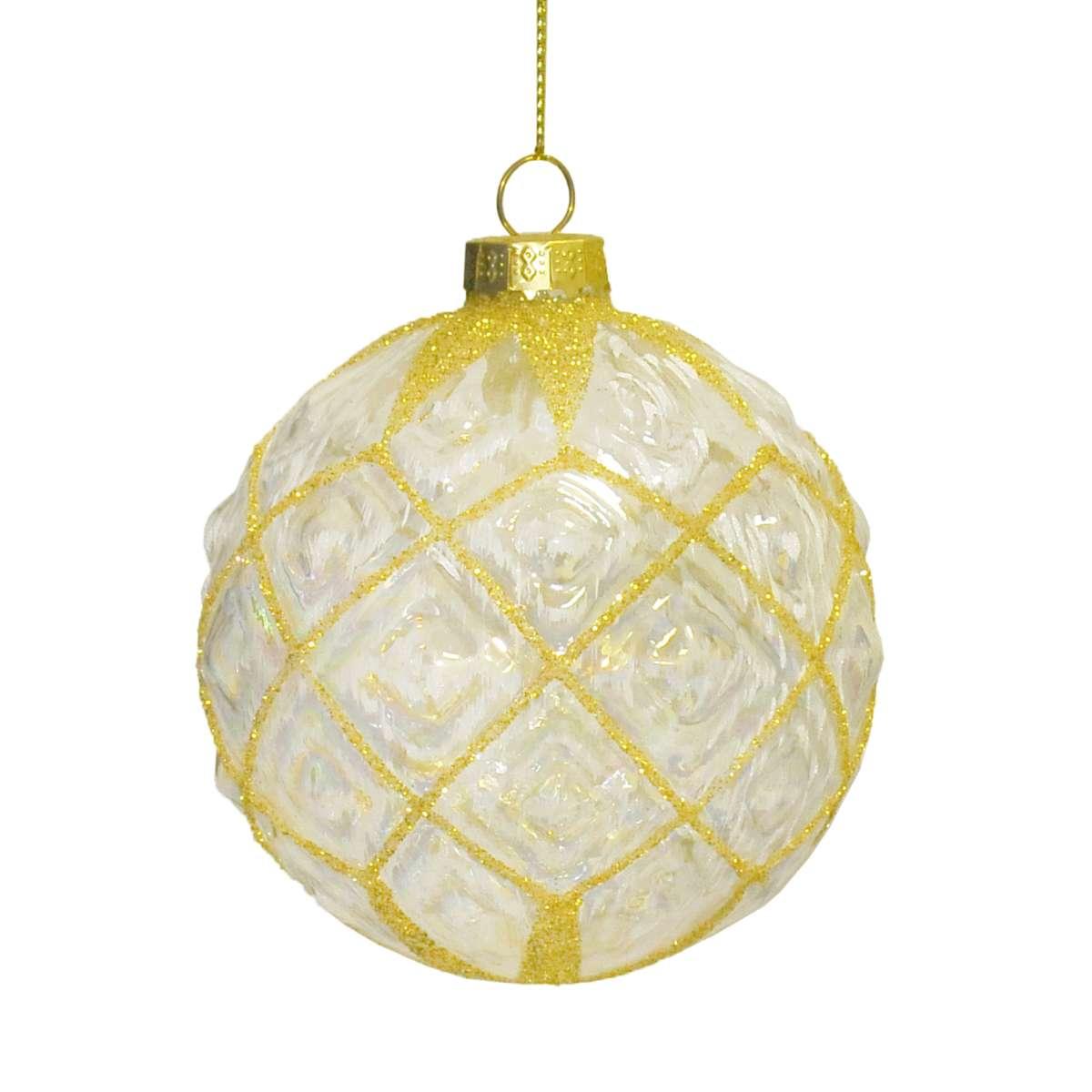 Pallina Natale Vetro cm.8 Trasparente Rombi Glitter Oro |Vacchetti